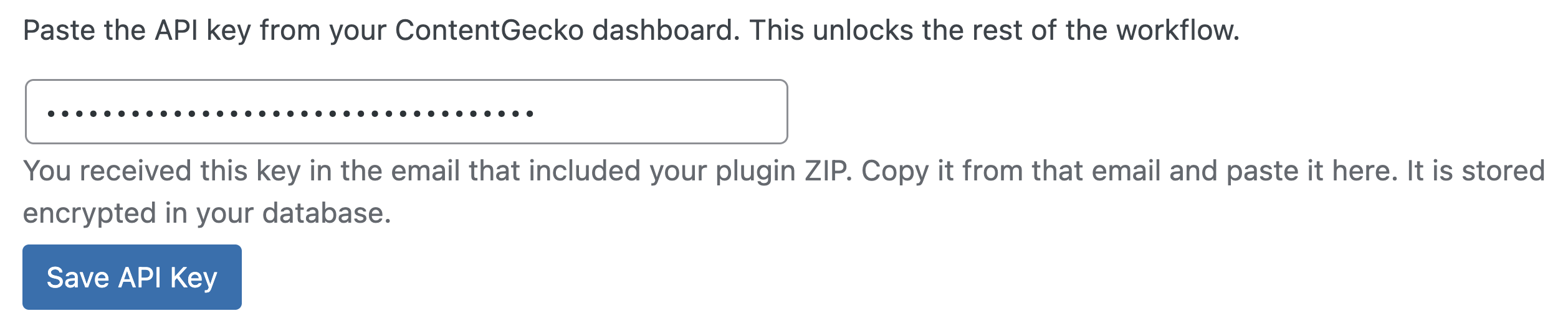Connect to ContentGecko — paste API key screenshot